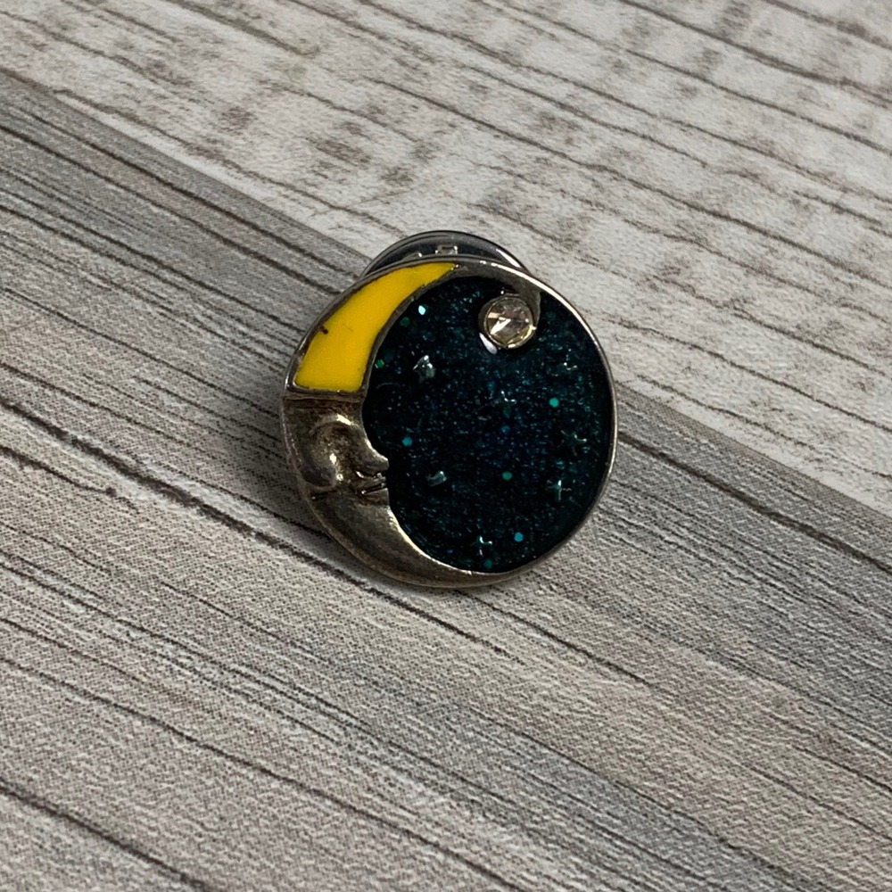 Vintage Treasures & Trinkets Man in the Moon Glitter Enamel Pin Celestial Teal